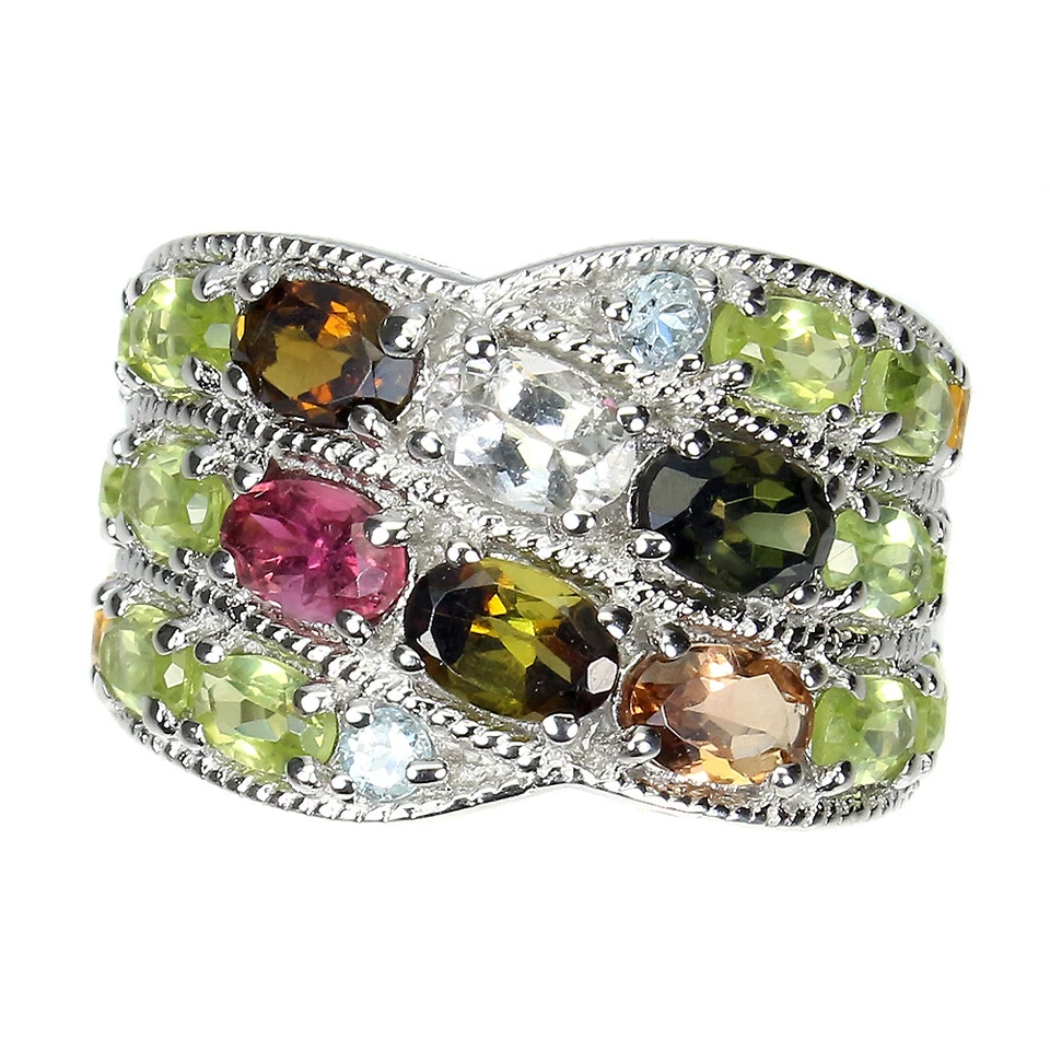 Nicht Erhitzt Oval Turmalin 6x4mm Citrin Peridot 925 Sterlingsilber Ring Gr. 7.5 - Bild 1 von 4