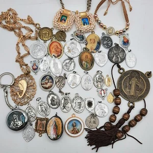 Catholic Saint Medallions Medals Religious Jewelry Lot Mary Jesus Pope Charms - Picture 1 of 6