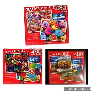 New 2 in 1 Puzzles Boxes Lot of 6 Jigsaw Cupcake Butterfly Train 480/240 pieces - Picture 1 of 1