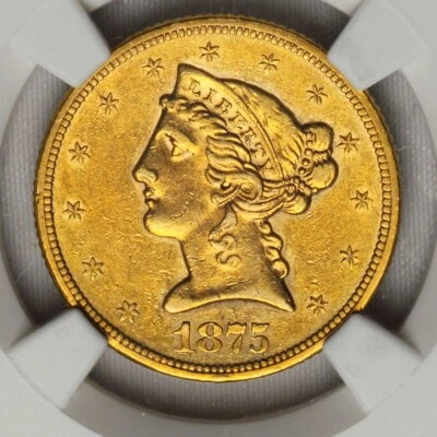 RARE 1875-S $5 NGC AU 55 GOLD Half Eagle LOW mintage 9,000 less than 100 known - Image 1 of 4