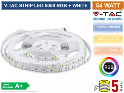 V-TAC STRISCIA LED 5050 MULTICOLORE RGB+W 60 LED/METRO BOBINA DA 5 METRI IP20 - Immagine 1 di 4