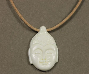 Buddha handgeschnitzte weiße Anhänger Leder braun Wildleder Sterlingsilber Halskette 18 - Bild 1 von 2