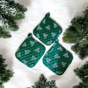 Christmas Tree Kitchen Pot Holders Set (3) 8" Square Green  - Picture 1 of 5