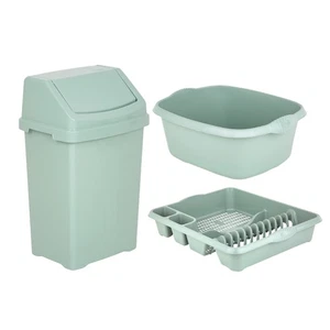 Küchenset 25L Schwingeimer, große Abtropfschale, 39cm rechteckige Schüssel silber salbei - Bild 1 von 18