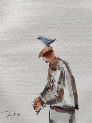 JOSE TRUJILLO Watercolor Painting Collectible ORIGINAL Old Man Bird coa - Image 1 of 4