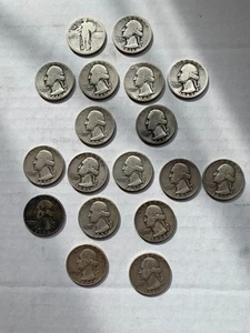 18 silver quarters: 17 Washington,1 Standing Liberty: 1936, 1940s, 1950s, 1960s - Picture 1 of 5