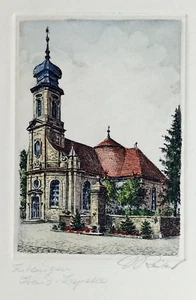 Holy Cross Chapel Kitzingen Germany Drypoint Etching Raimund Reiter w/ Autograph - Picture 1 of 5
