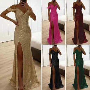 Women Ladies Prom Dress Off The Shoulder Formal Evening Sequin Maxi Dresses Gown - Picture 1 of 29