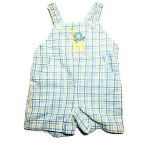 Starting Out Baby Boys 12M Overall Shorts Plaid Blue Animal Embroidered Giraffe - Picture 1 of 6