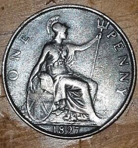 1897 English, UK, British Queen Victoria One Penny Coin. Jubilee (60) year.