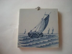 Antique Vintage Makkum Dutch Delft Tile Wooden Ships at sea original - Picture 1 of 4