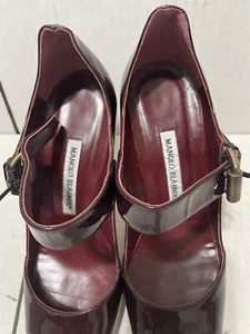 Manolo Blahnik Burgundy Strappy Open Toe Patent Leather Heels Size 39.5 - Picture 1 of 11