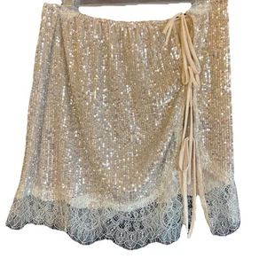 FREE PEOPLE INTIMATELY METALLIC GOLD RUSH HALF SLIP SEQUIN LACE TIE MINI SKIRT M - Picture 1 of 8