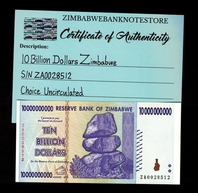 Auténtico billete de repuesto de 10 mil millones de dólares de Zimbabwe ZA 2008 UNC ZA0028512 Foto 1 de 3
