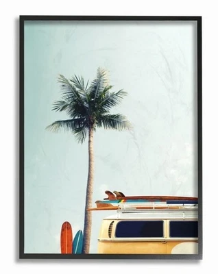 Autobús de surf Stupell Industries amarillo con palmera fotografía arte enmarcado en giclee Foto 1 de 4
