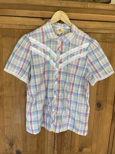 Vtg 70s Shirley of Atlanta Colorful Plaid Print Button Blouse Western Style - Picture 1 of 6