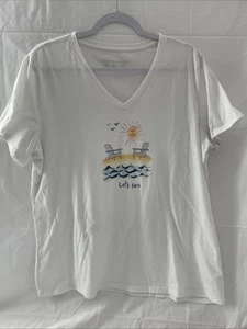 Life is Good T-shirt Let's Sea Beach Chairs XL White Tee Top Women’s - Picture 1 of 4