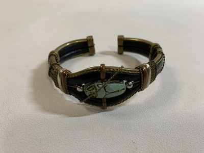 Mens Black Egyptian Leather Scarab Turquoise Vintage Brass Cuff Bracelet - Image 1 of 4