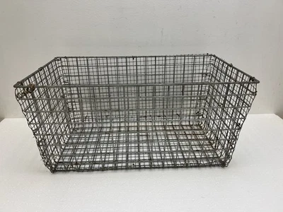 Vintage METAL WIRE BASKET egg crate country storage bin box old steel industrial - Image 1 of 4