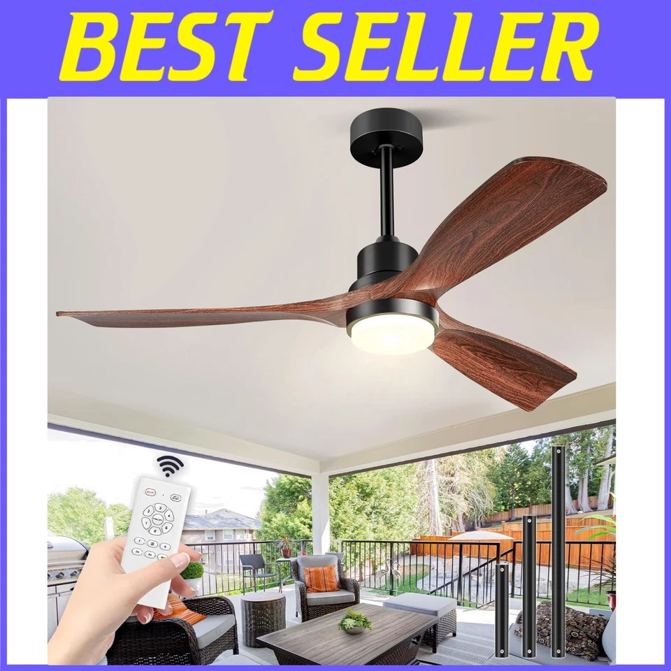 60 Inch Walnut Wood Ceiling Fan with Remote – Elegant Indoor & Outdoor Lighting - Image 1 of 4