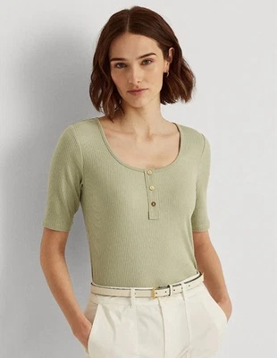 Ralph Lauren Mujer Manga Codo Henley Ranch Scoop Top, Salvia, Grande Nueva con Etiquetas Camisa Foto 1 de 4