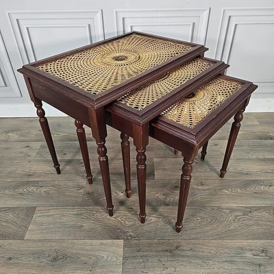 Vintage Nest Of Tables – Wood Carved Floral Cane Rattan Woven Tops Antique Retro - Image 1 of 4