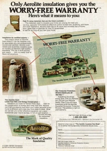 1978 Vintage Print Ad Only Aerolite insulation gives you the Worry-Free Warranty - Picture 1 of 2