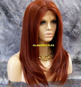 Free Part Human Hair Blend Lace Front Full Wig Long Straight  Layered Auburn 
