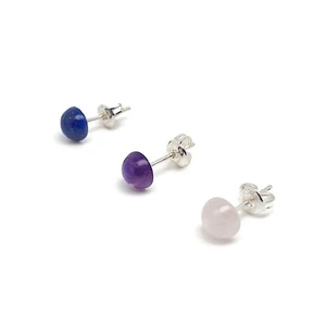 Small Gemstone Stud Earrings Natural Round Crystal Sterling Silver Handmade - Picture 1 of 31