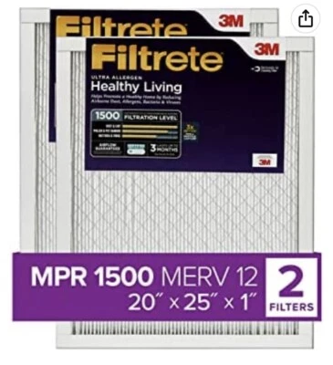 20X25X1, AC Furnace Air Filter, MPR 1500, Healthy Living Ultra Allergen, 2-Pack - Image 1 of 4