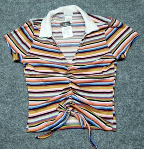Rue21 Crop Top Womens S Multicolor Striped Short Sleeve V-Neck Ruched Tie New - Picture 1 of 12