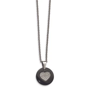 Chisel Stainless Steel Polished Black Ceramic CZ Heart Necklace 22" - Picture 1 of 2