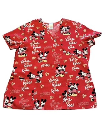 Disney Mickey & Minnie Mouse Scrub Top Womens Sz Large Red Kisses Valentines Day - Image 1 of 4