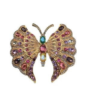 Jeweled Butterfly Brooch Pink Purple Imitation Pearl Gold Tone - Picture 1 of 2