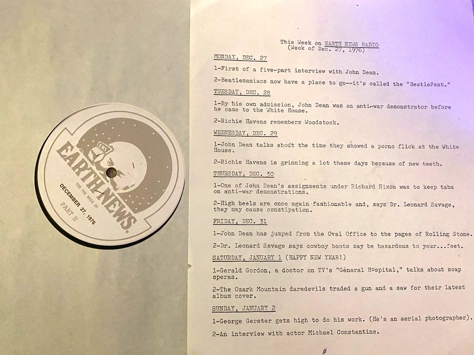 12/27/76 EARTH NEWS FEATURES 5 PT JOHN DEAN EXTENDED INTERVIEW, RICHIE HAVENS - Image 1 of 1