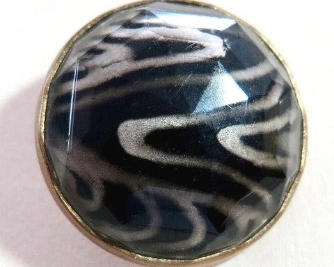 Med Antique DUG Button - Marbleized Silver Black Design Under Glass Cover
