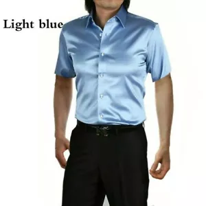 Men Faux Silk Satin Dress Shirts Short Sleeve Button Business Slim Casual Blouse - Picture 1 of 25