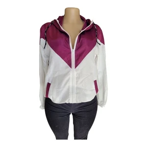 Womens Small Colorblock Windbreaker Jacket Purple & White Lightweight Hooded - Picture 1 of 4
