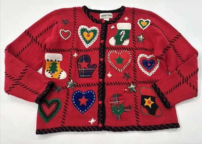 Cardigã feminino Hampshire Studio suéter vermelho médio aplique de Natal patchwork - Imagem 1 de 4