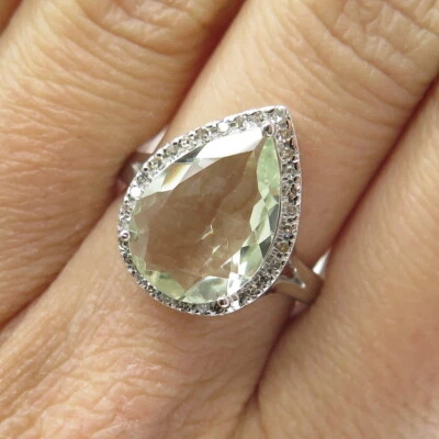 DSMK 925 Sterling Silver Diamond & Pear-Cut Green Amethyst Gem Ring Size 7.25 - Image 1 of 4