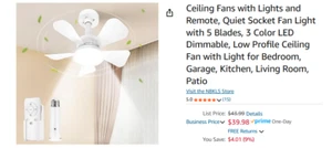 Ceiling Fans with Lights and Remote, Quiet Socket Fan Light with 5 Blades - Picture 1 of 7