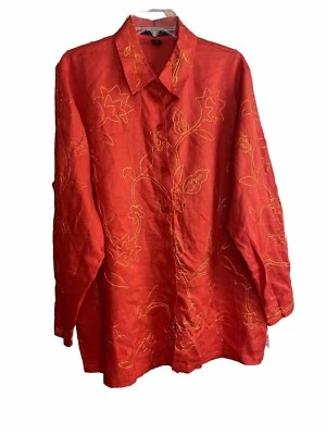 Josephine Chaus Woman Size 16  100% Linen Floral Embroidered Long Sleeve Shirt - Image 1 of 4