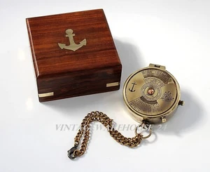 Antique Brass Pocket Compass Vintage 100 Year Calendar Compass With Wood Box - Picture 1 of 6