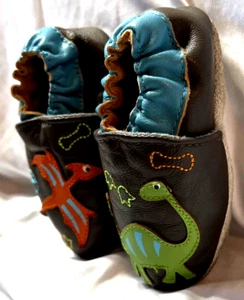 MOMO baby Leather Baby Shoes Soft Sole Slip On Dinosaurs Orange/Green/Brown USED - Picture 1 of 7