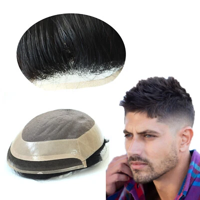 Mens Human Hair Replacement System Hairpiece Fine Mono Lace Front Black Toupee - Image 1 of 4