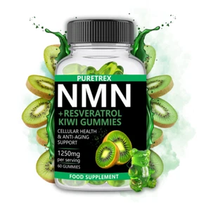 NMN Kiwi Gummies 1250mg 99%+ Resveratrol, CoQ10, B12 D3, Nicotinamide Anti-Aging - Picture 1 of 6
