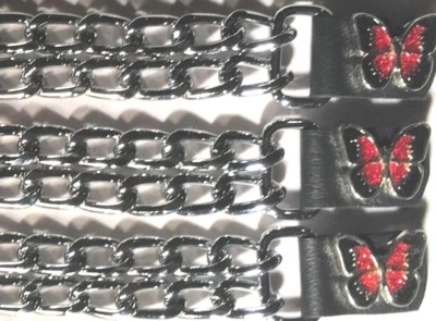 3 RED BUTTERFLY DIAMOND CUT CHROME MOTORCYCLE BIKER CHAIN VEST EXTENDERS USA - Image 1 of 2