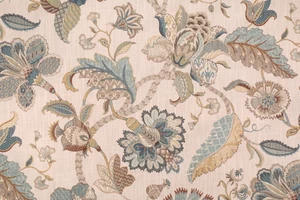 LARGE ROOM SET OF 8 Drapes Finders Keepers French Blue & Golden Olive Jacobean - Picture 1 of 4