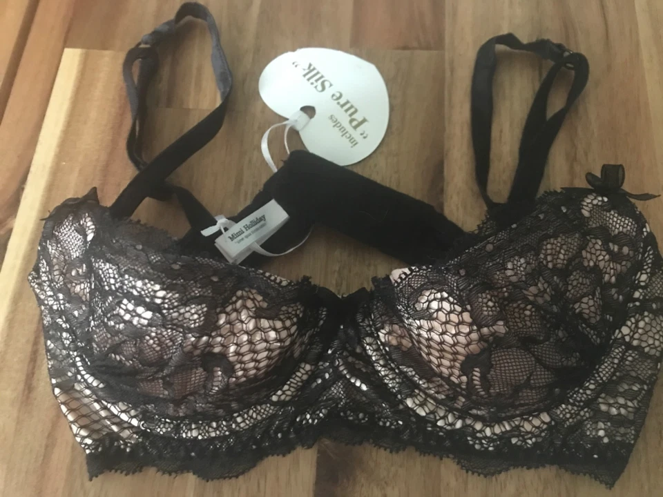 Mimi HOLIDAY  pure silk  black pink  Balconette bra  28C new — 第 1/4 张图片