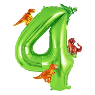 Green Number 4 Balloon with Mini Dinosaurs for 4th Birthday Party Decor - Image 1 of 4